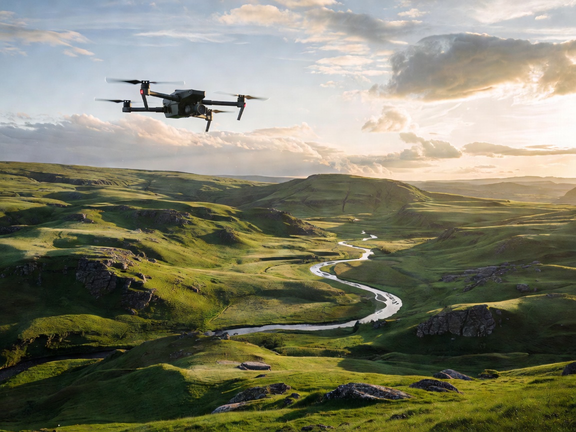 Camera drone hovering in a landscape