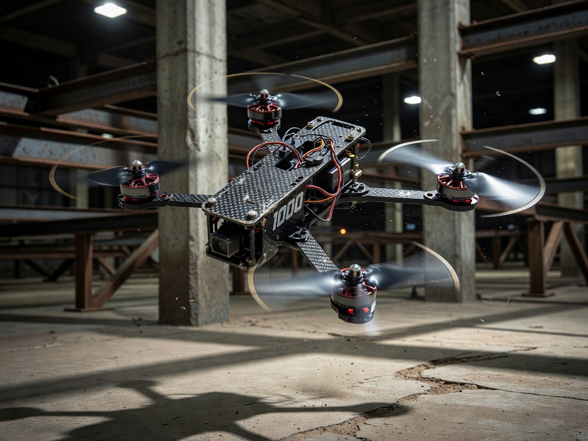 FPV racing drone with exposed carbon fiber frame